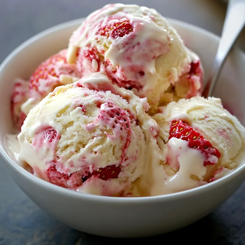 Helado casero de fresa y vainilla servido en copa, con efecto marmoleado
