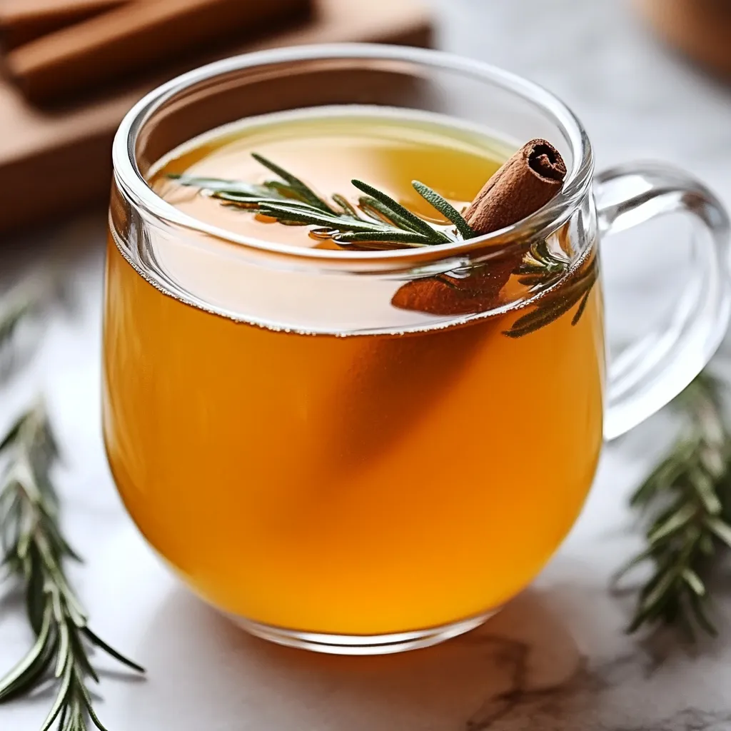 Infusión de canela, romero y cúrcuma servida en una taza de cerámica.