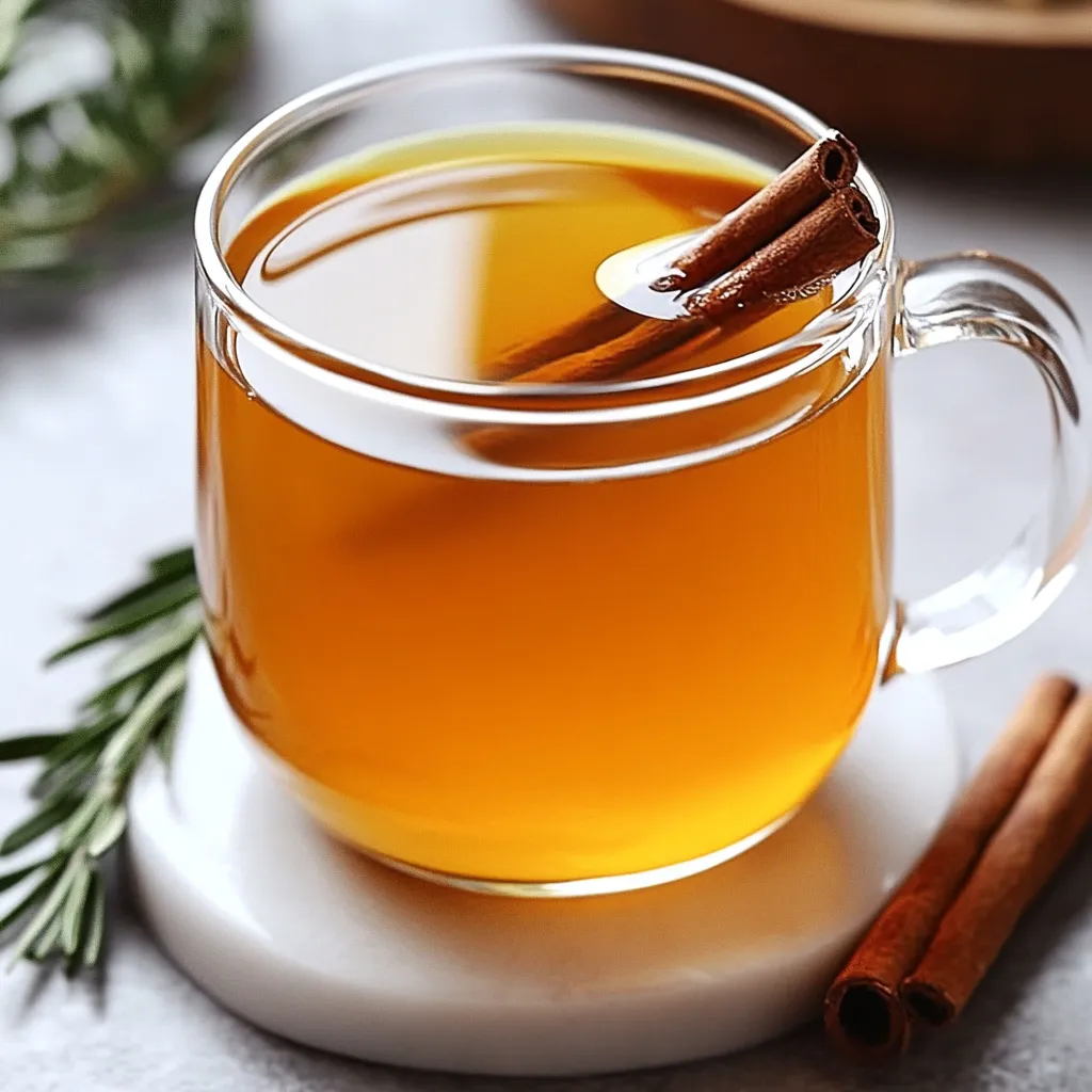 Infusión de canela, romero y cúrcuma servida en una taza de cerámica.
