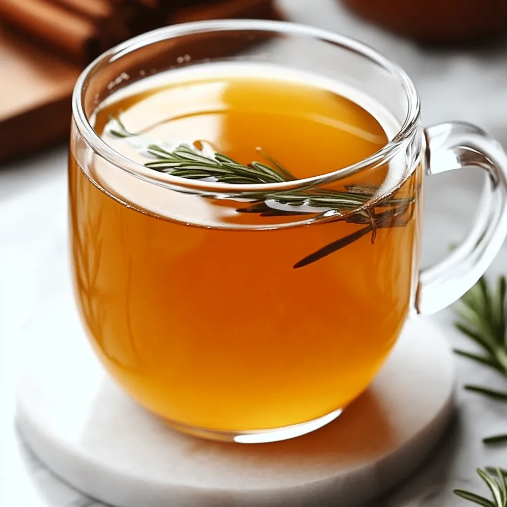 Infusión de canela, romero y cúrcuma servida en una taza de cerámica.