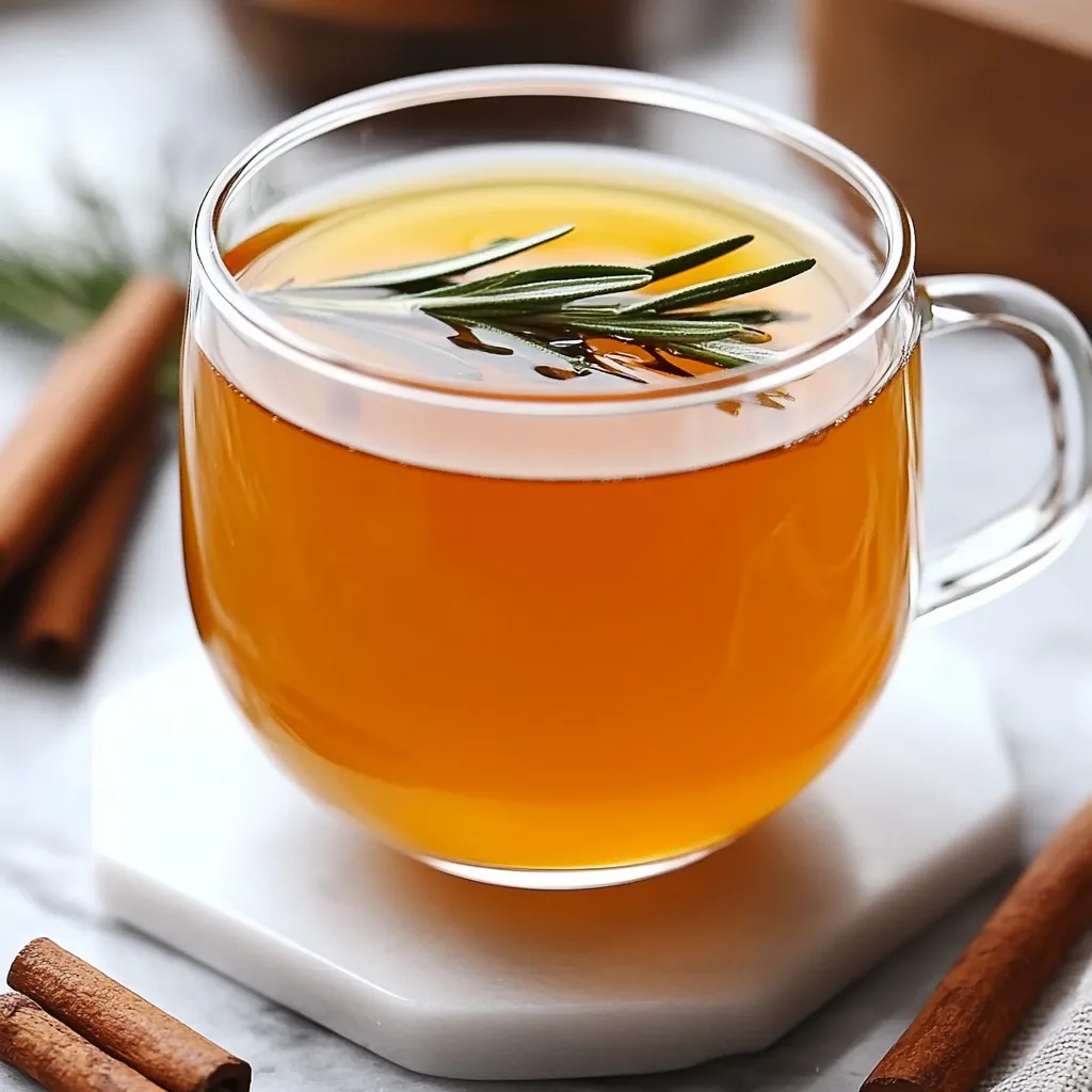 Infusión de canela, romero y cúrcuma servida en una taza de cerámica.