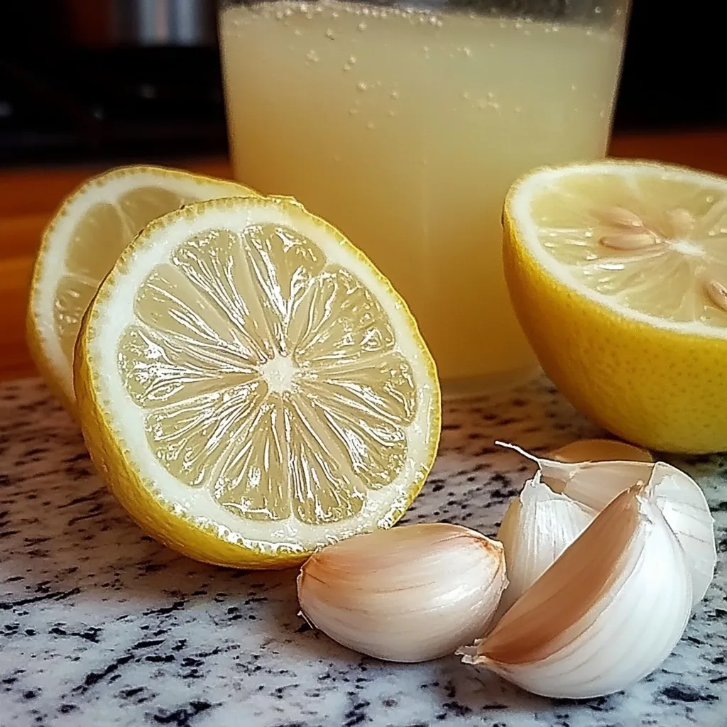 vaso con jugo de ajo y limón fresco sobre una mesa con fondo de ingredientes naturales