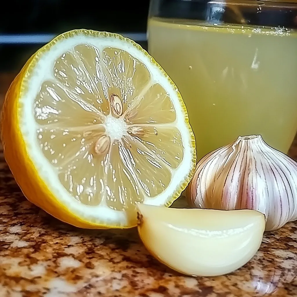 vaso con jugo de ajo y limón fresco sobre una mesa con fondo de ingredientes naturales