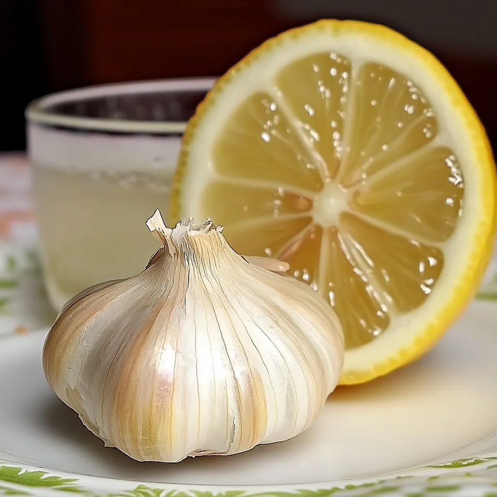 vaso con jugo de ajo y limón fresco sobre una mesa con fondo de ingredientes naturales