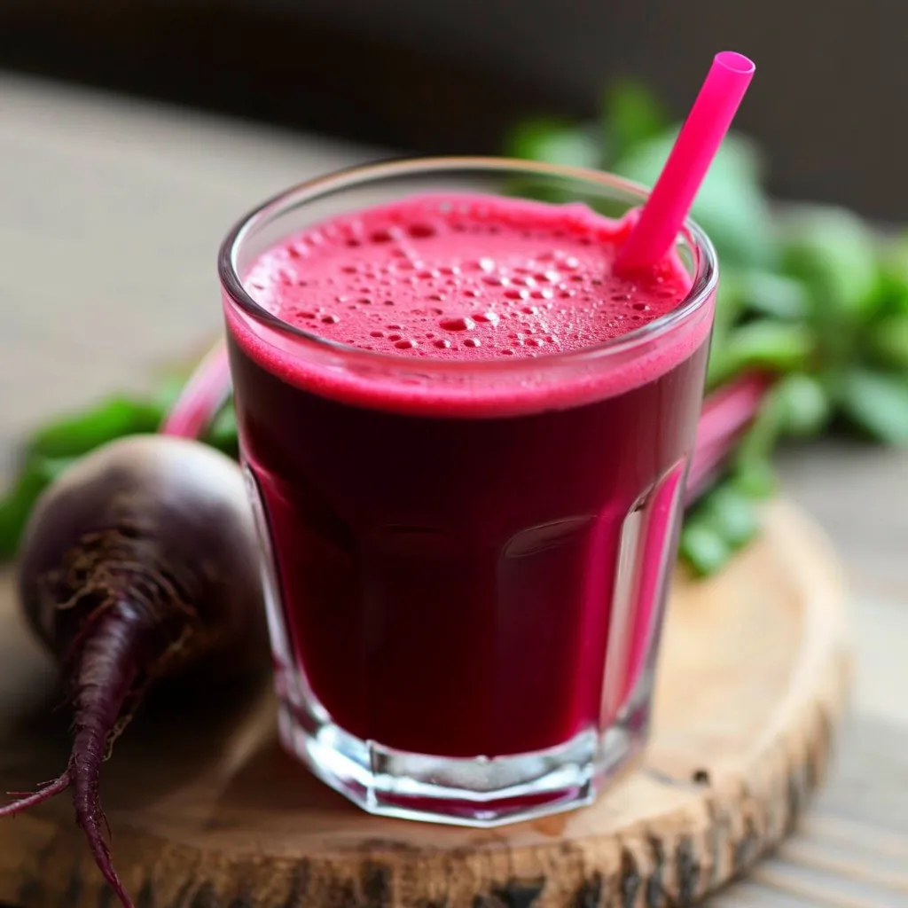 Vaso de jugo de remolacha casero con remolachas frescas y rodaja de limón