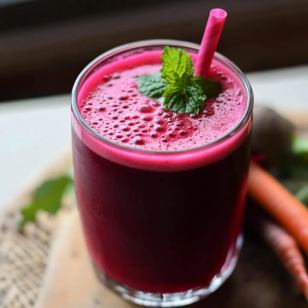 Vaso de jugo de remolacha casero con remolachas frescas y rodaja de limón