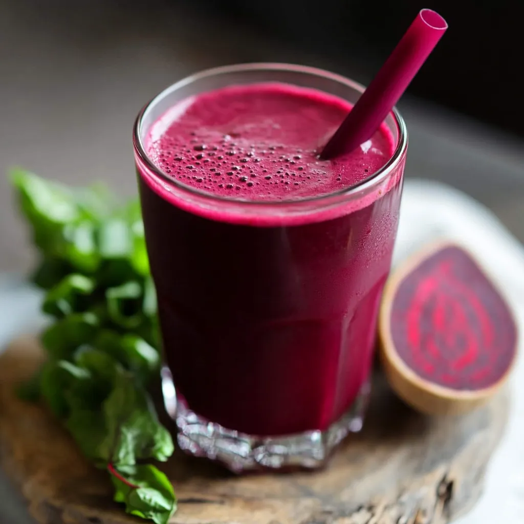 Vaso de jugo de remolacha casero con remolachas frescas y rodaja de limón