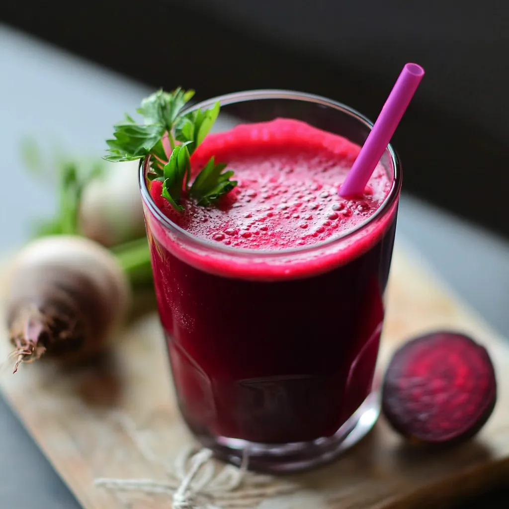 Vaso de jugo de remolacha casero con remolachas frescas y rodaja de limón
