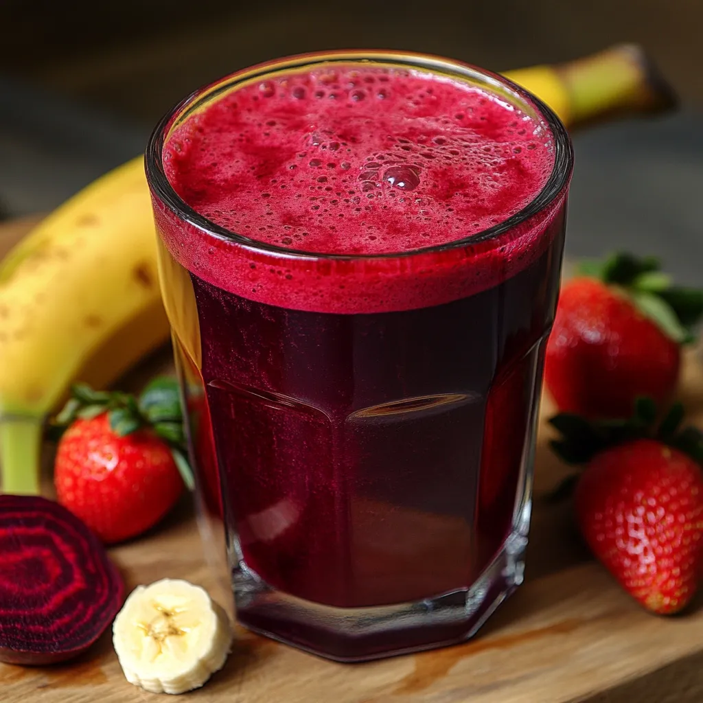 Jugo de remolacha, fresa y plátano servido en vaso con hielo, color rojo vibrante y textura cremosa.
