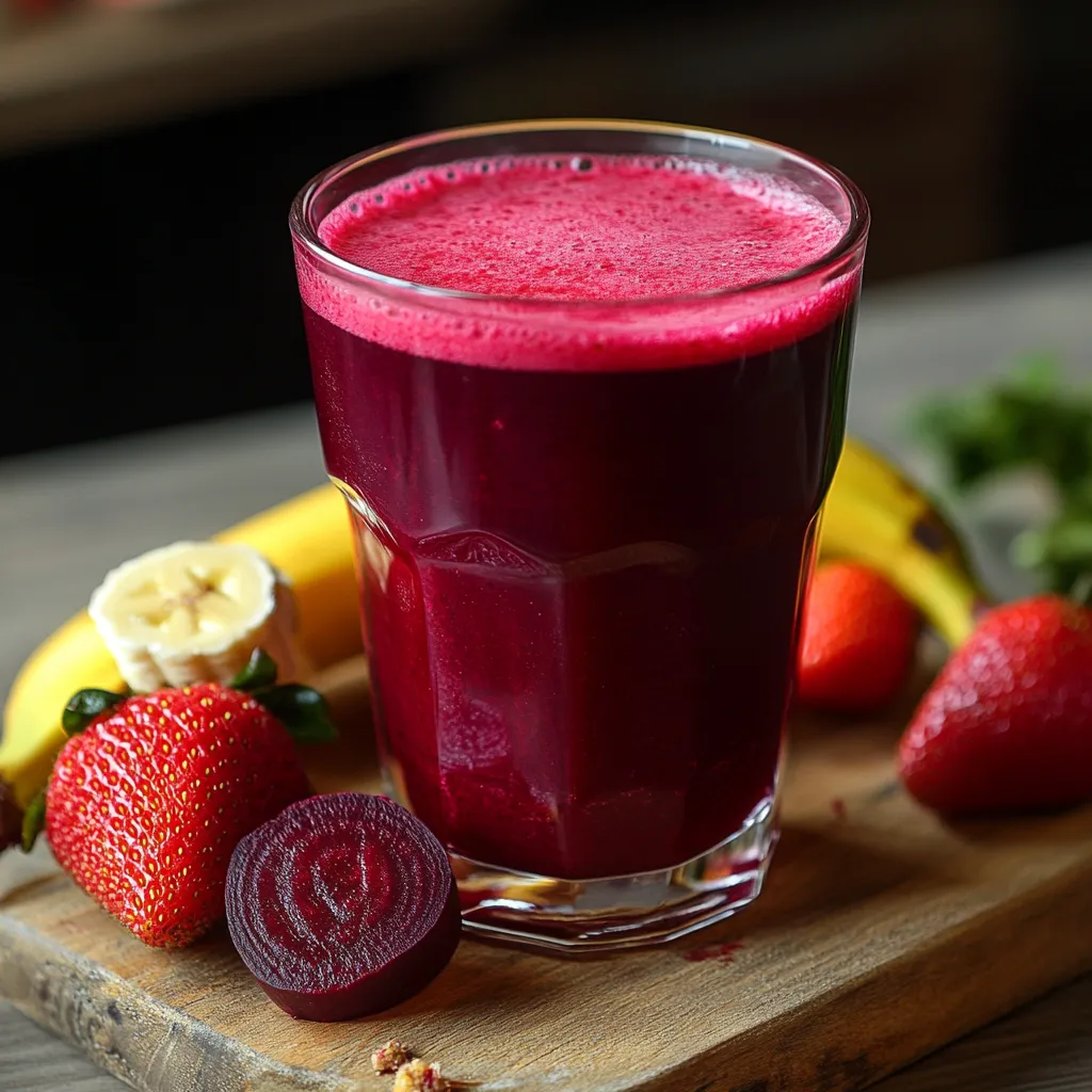 Jugo de remolacha, fresa y plátano servido en vaso con hielo, color rojo vibrante y textura cremosa.