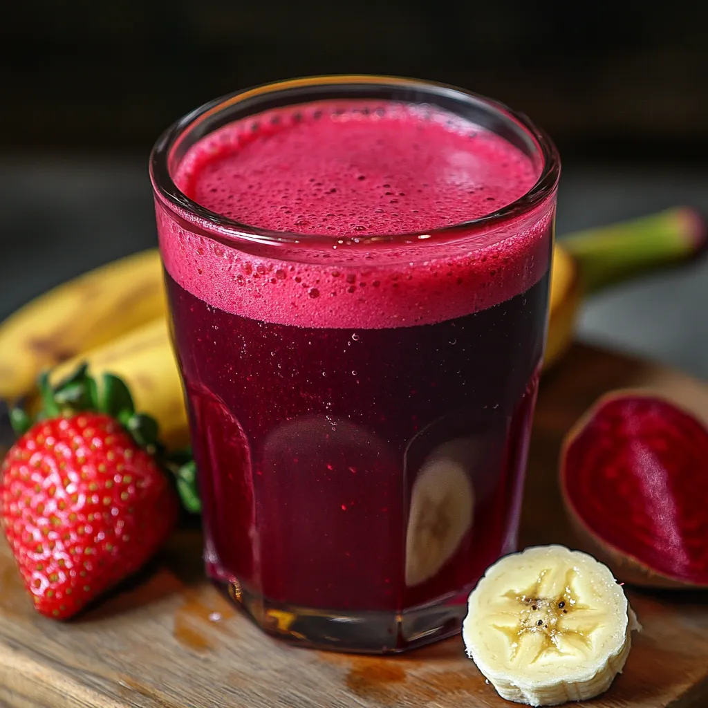 Jugo de remolacha, fresa y plátano servido en vaso con hielo, color rojo vibrante y textura cremosa.