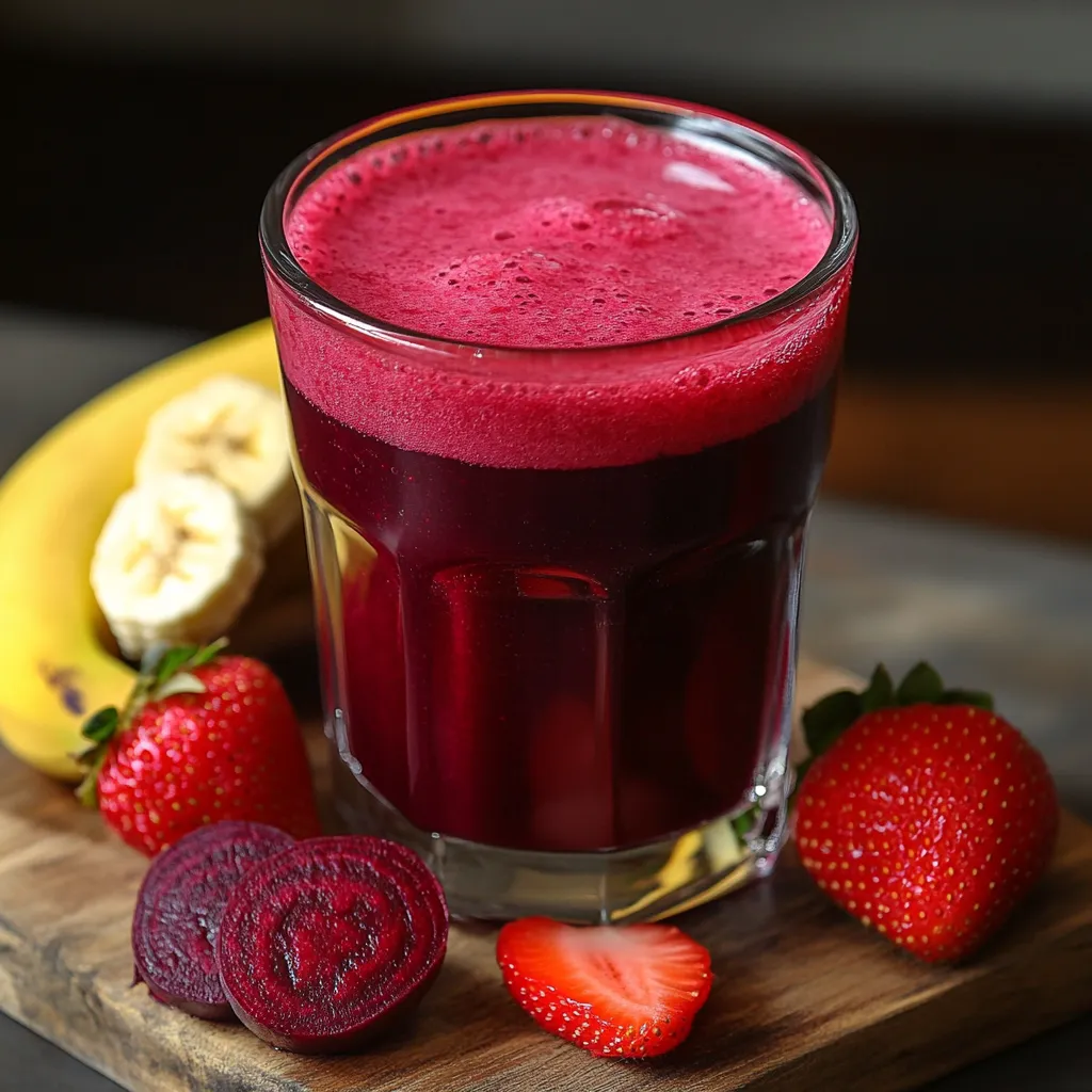 Jugo de remolacha, fresa y plátano servido en vaso con hielo, color rojo vibrante y textura cremosa.