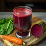 Vaso de jugo natural de remolacha, zanahoria y espinacas recién preparado sobre mesa rústica