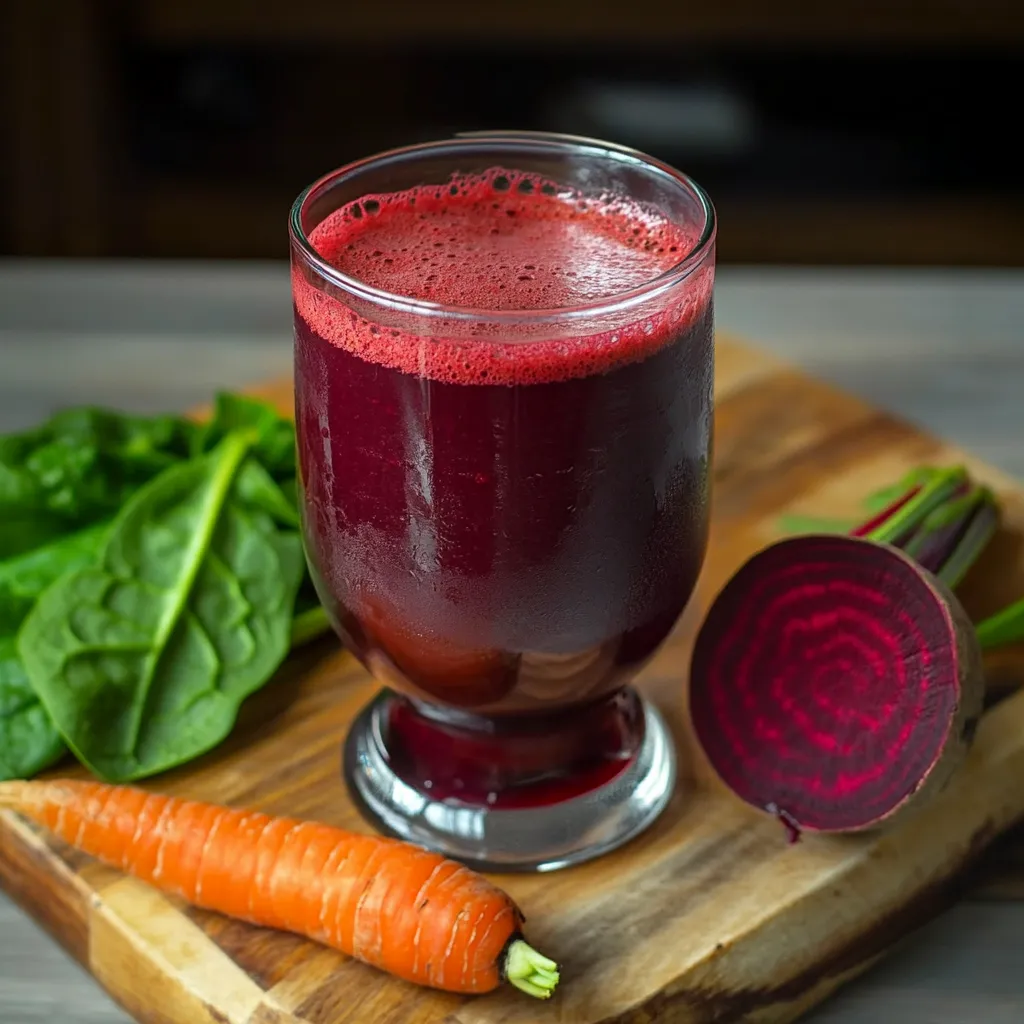 Vaso de jugo natural de remolacha, zanahoria y espinacas recién preparado sobre mesa rústica