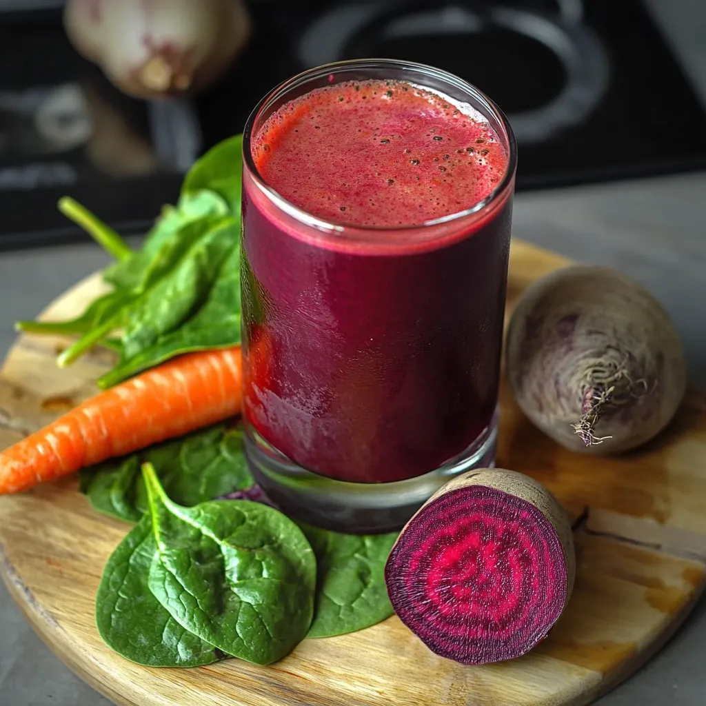 Vaso de jugo natural de remolacha, zanahoria y espinacas recién preparado sobre mesa rústica