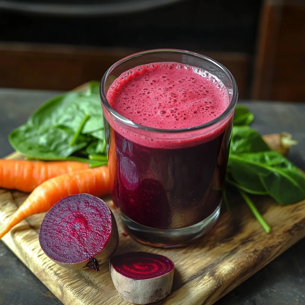 Vaso de jugo natural de remolacha, zanahoria y espinacas recién preparado sobre mesa rústica
