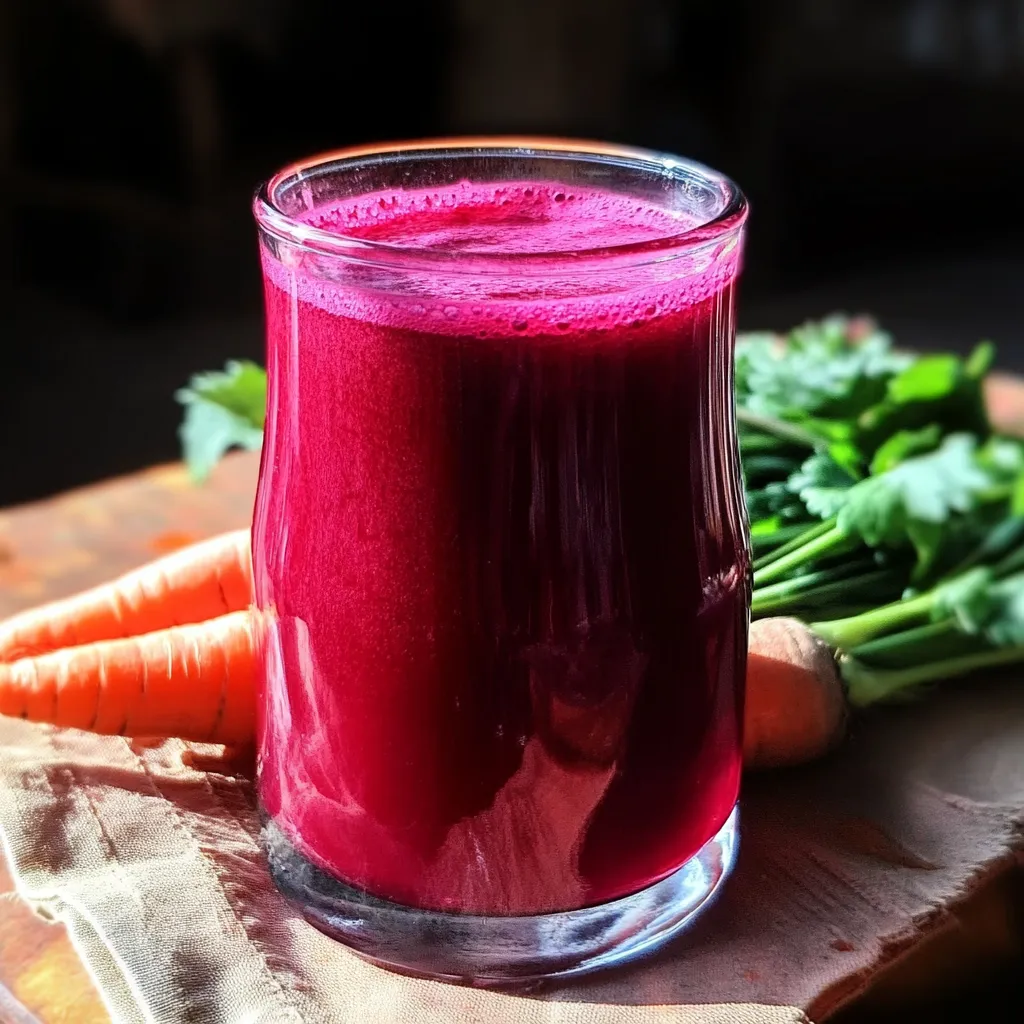 Vaso de jugo de remolacha y zanahoria recién preparado sobre fondo de madera