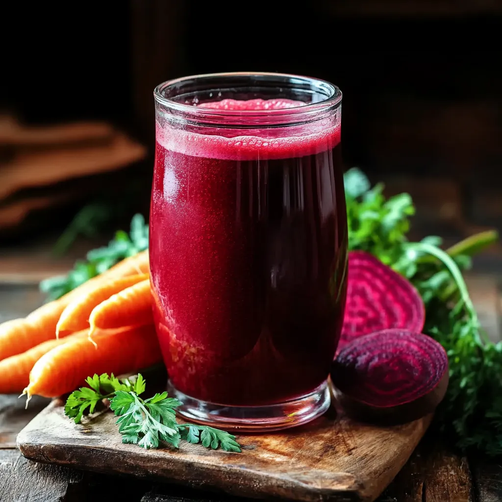 Vaso de jugo de remolacha y zanahoria recién preparado sobre fondo de madera