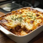 Lasaña casera recién horneada con capa de queso dorado y salsa bechamel cremosa