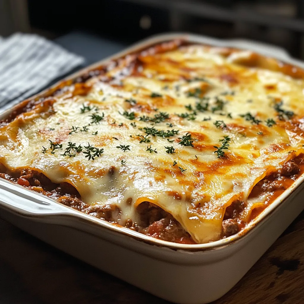 Lasaña casera recién horneada con capa de queso dorado y salsa bechamel cremosa