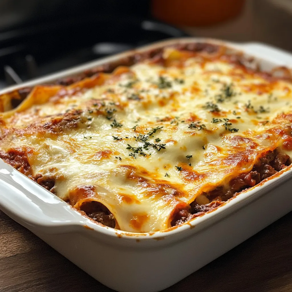 Lasaña casera recién horneada con capa de queso dorado y salsa bechamel cremosa