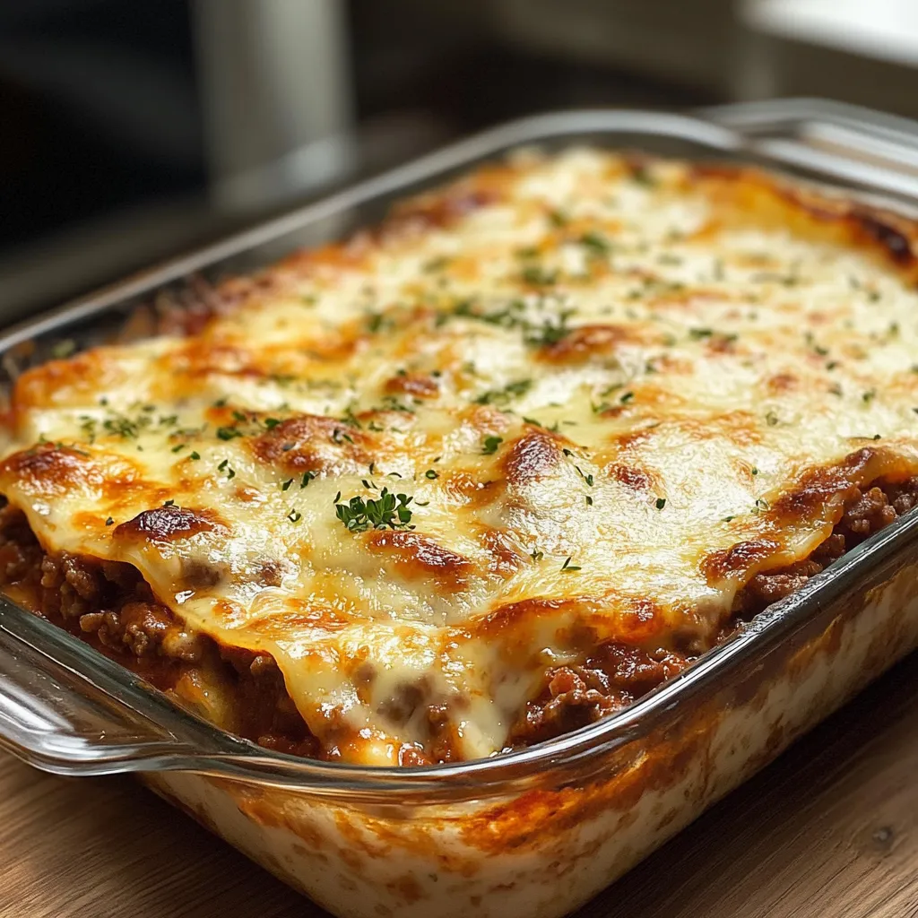 Lasaña casera recién horneada con capa de queso dorado y salsa bechamel cremosa