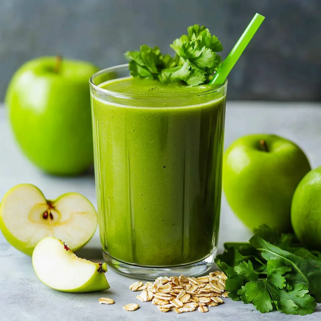Licuado verde servido en vaso de vidrio, con espinaca y manzana en el fondo.