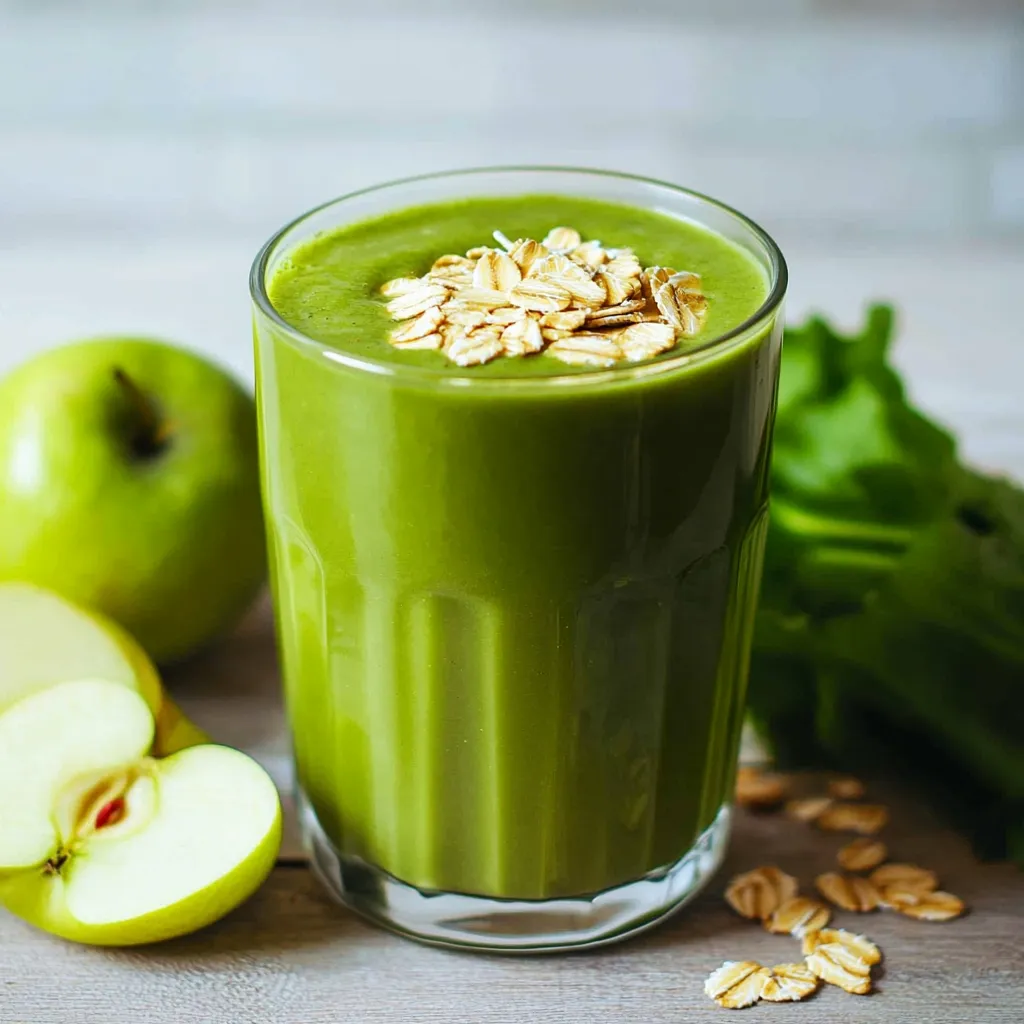 Licuado verde servido en vaso de vidrio, con espinaca y manzana en el fondo.