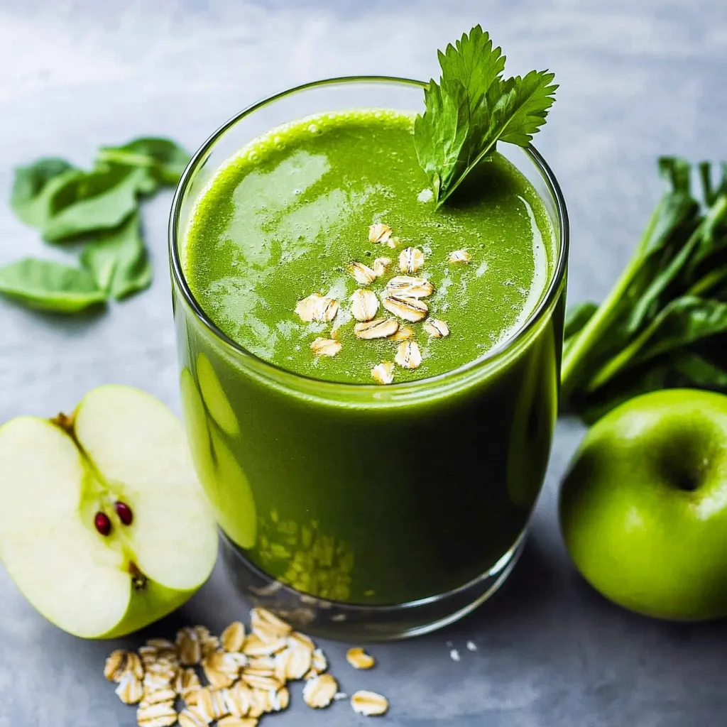 Licuado verde servido en vaso de vidrio, con espinaca y manzana en el fondo.