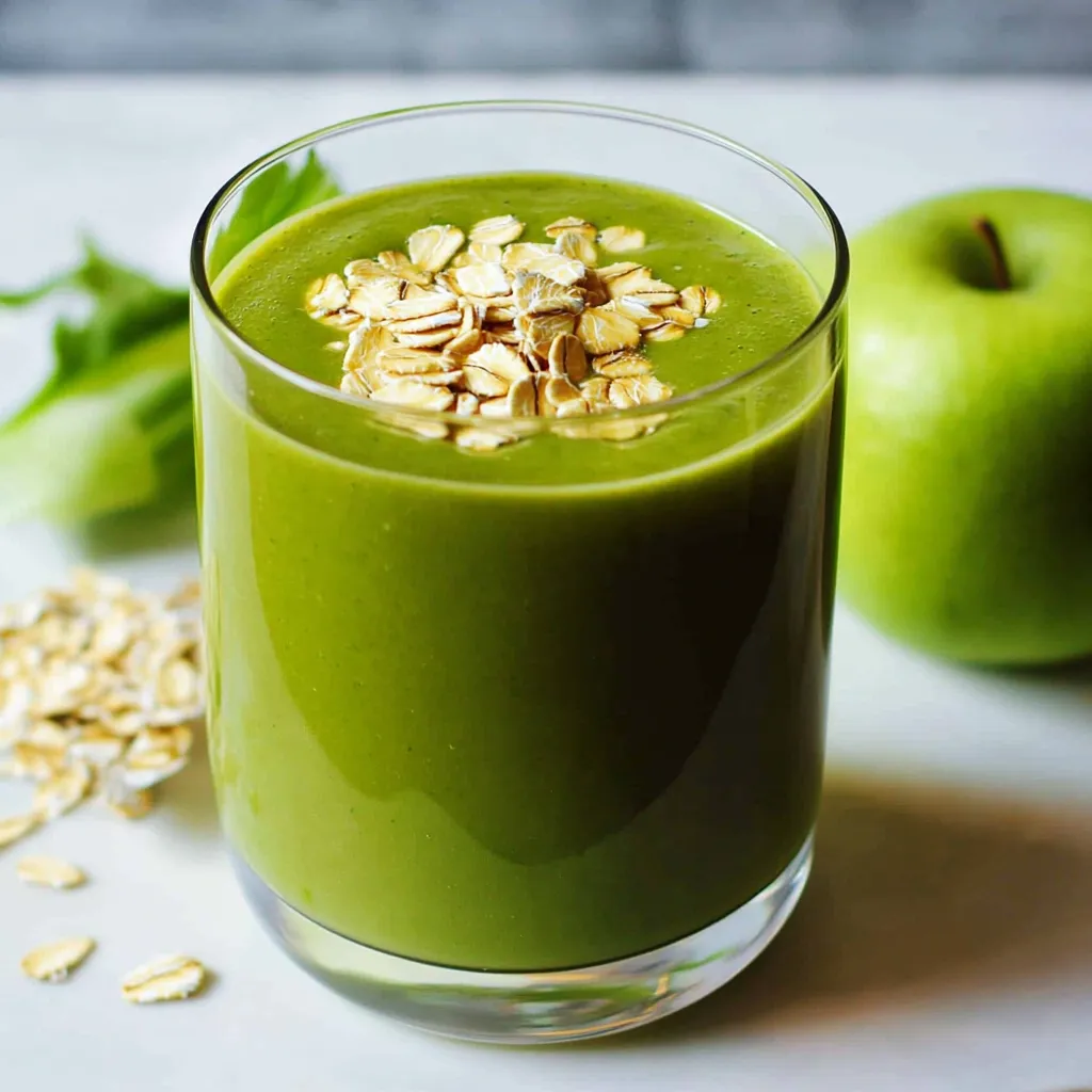Licuado verde servido en vaso de vidrio, con espinaca y manzana en el fondo.