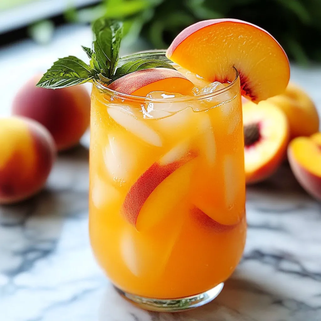 Vaso de limonada de durazno servido con hielo y rodajas de fruta fresca