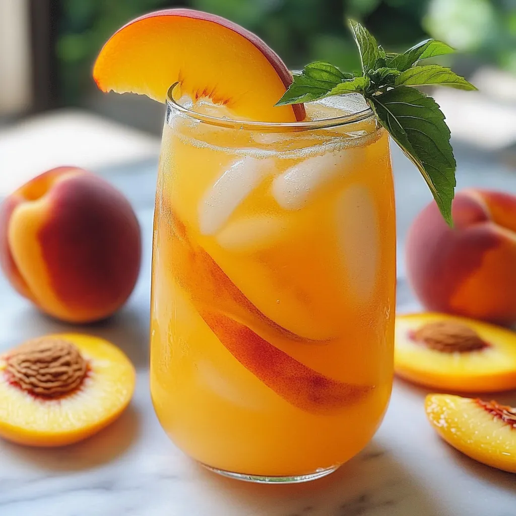 Vaso de limonada de durazno servido con hielo y rodajas de fruta fresca