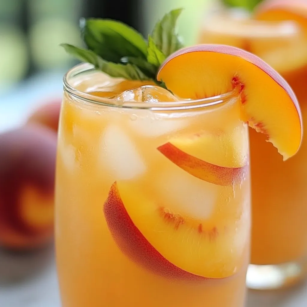 Vaso de limonada de durazno servido con hielo y rodajas de fruta fresca