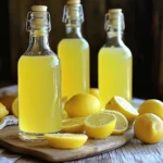 Botella de limoncello casero tradicional servido en vasos pequeños sobre una mesa rústica