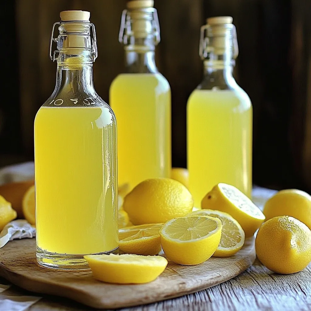 Botella de limoncello casero tradicional servido en vasos pequeños sobre una mesa rústica