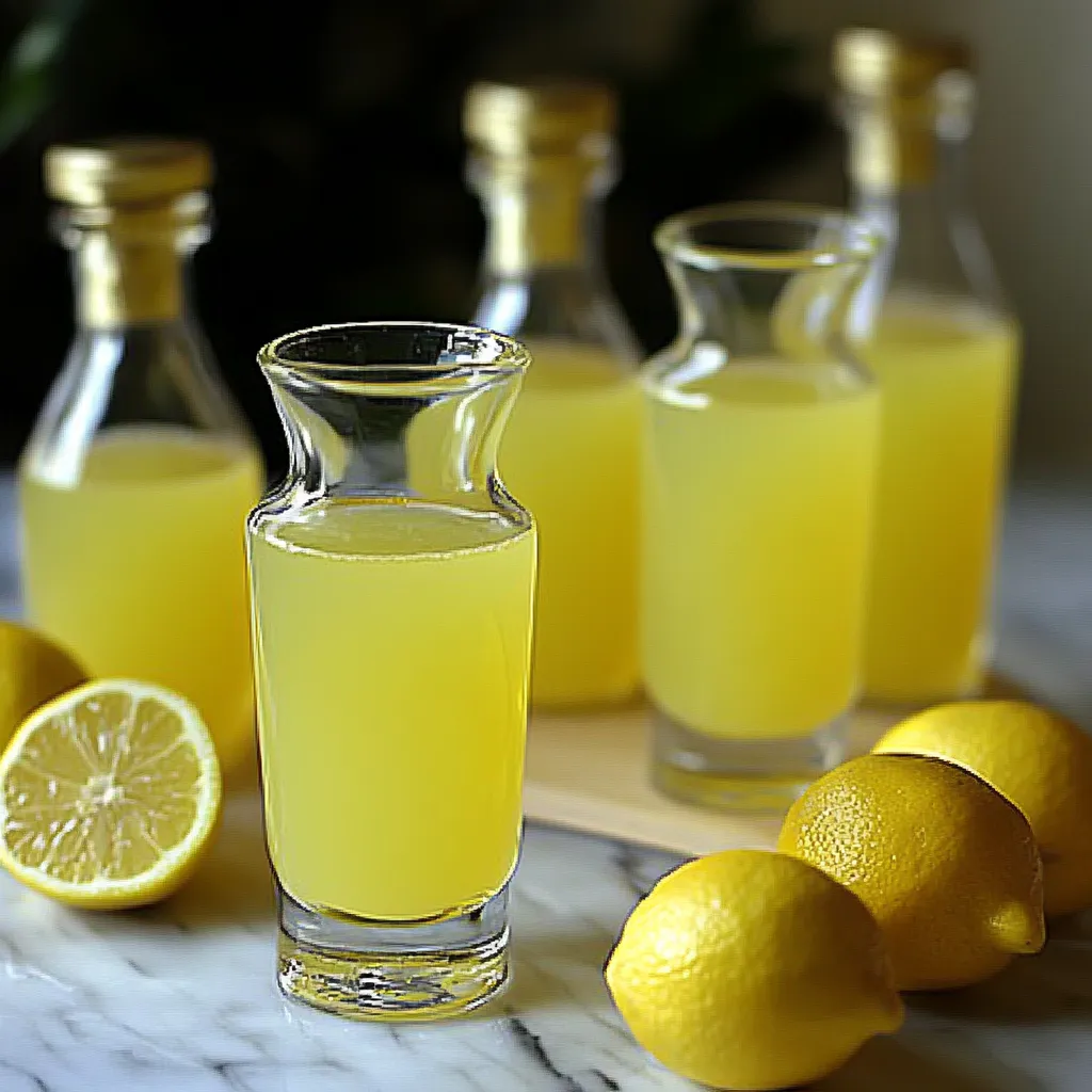 Botella de limoncello casero tradicional servido en vasos pequeños sobre una mesa rústica
