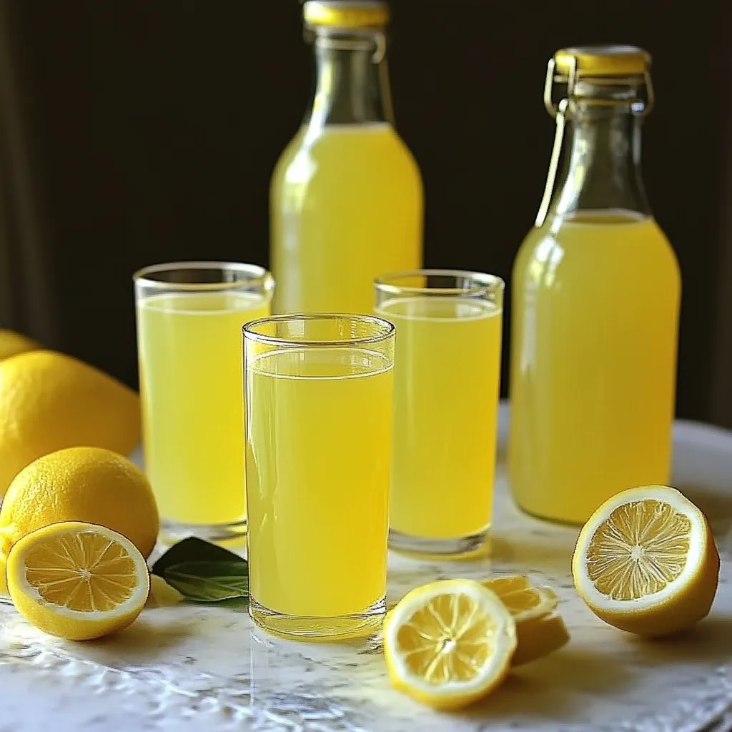 Botella de limoncello casero tradicional servido en vasos pequeños sobre una mesa rústica