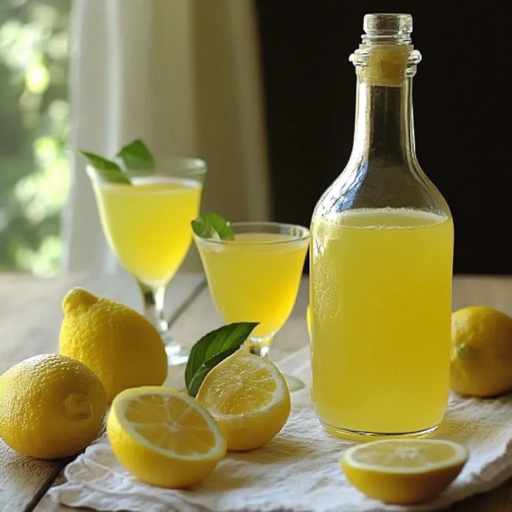 Botella de limoncello casero tradicional servido en vasos pequeños sobre una mesa rústica