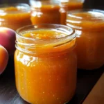 Frascos de mermelada de melocotón sin azúcar casera sobre una mesa de madera.