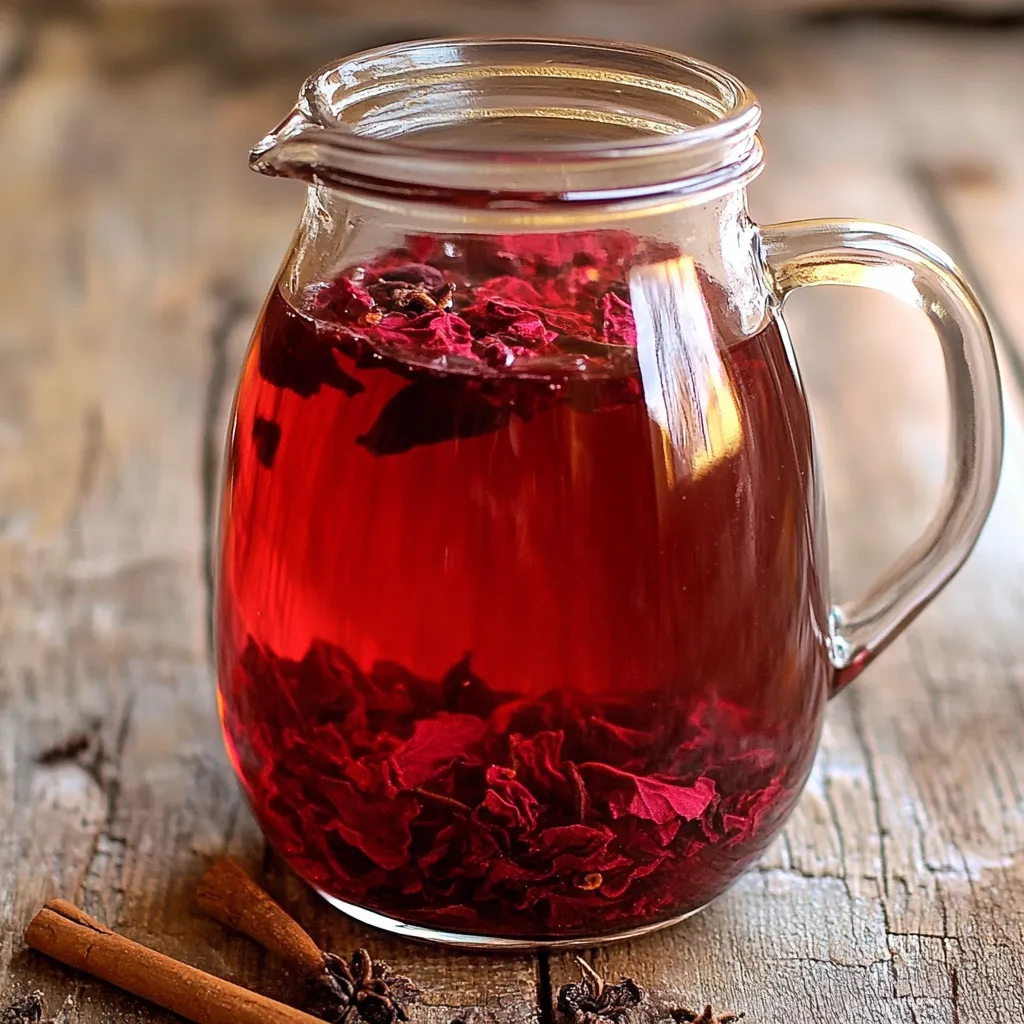 Taza de infusión de flor de jamaica con canela y hojas de laurel servida caliente