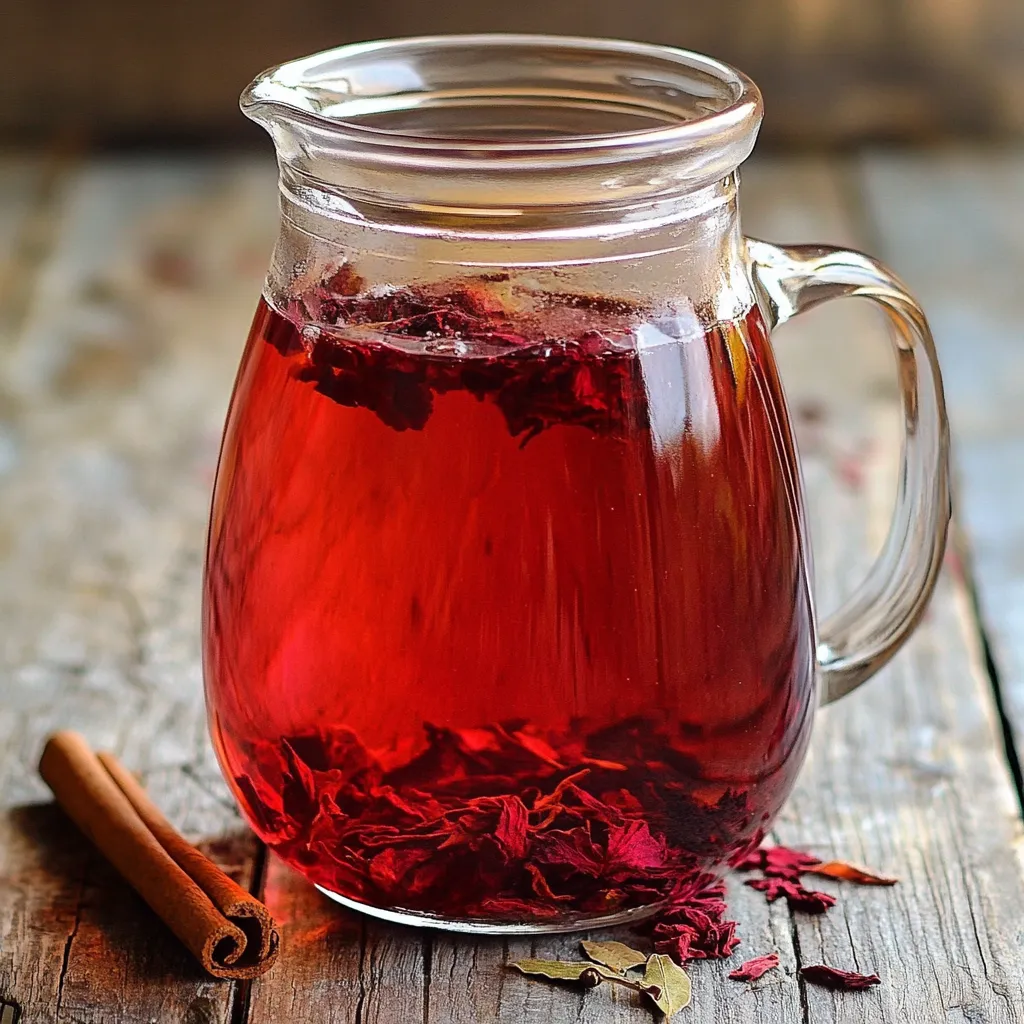 Taza de infusión de flor de jamaica con canela y hojas de laurel servida caliente