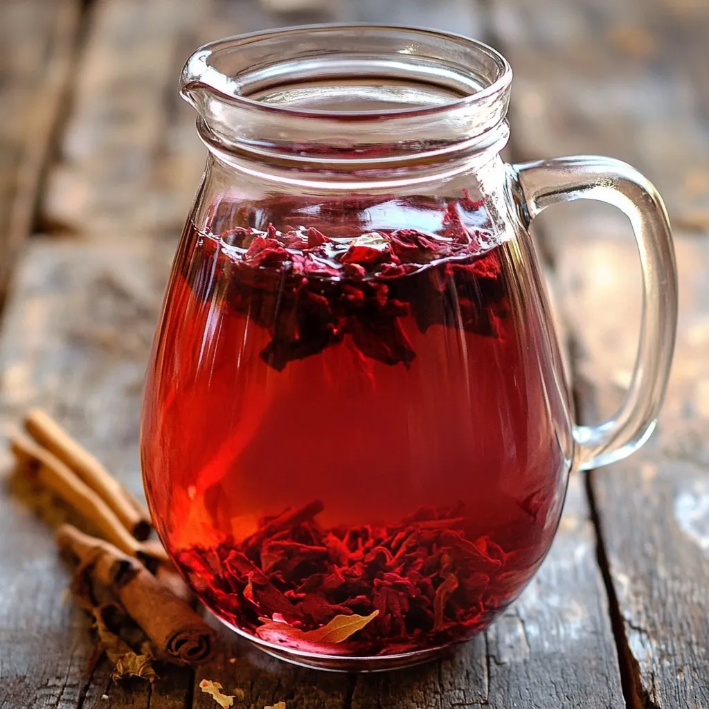 Taza de infusión de flor de jamaica con canela y hojas de laurel servida caliente