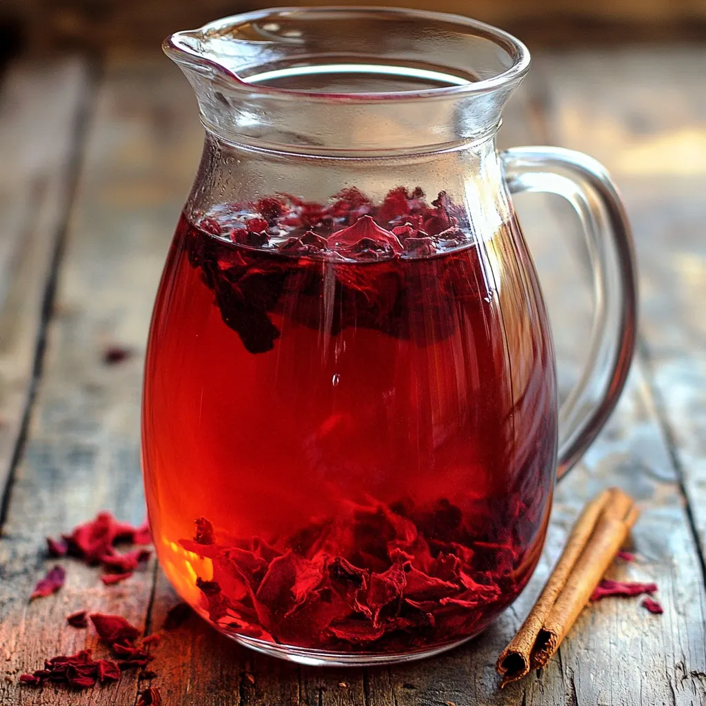Taza de infusión de flor de jamaica con canela y hojas de laurel servida caliente
