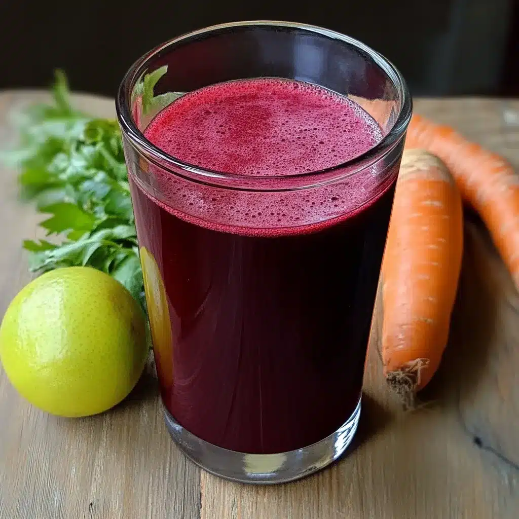 Vaso de jugo natural de remolacha, zanahoria y manzana sobre una mesa con fondo blanco