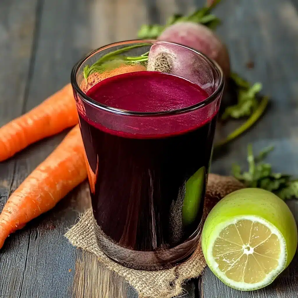 Vaso de jugo natural de remolacha, zanahoria y manzana sobre una mesa con fondo blanco