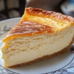 Rebanada de pay de queso casero sobre plato blanco, con textura cremosa