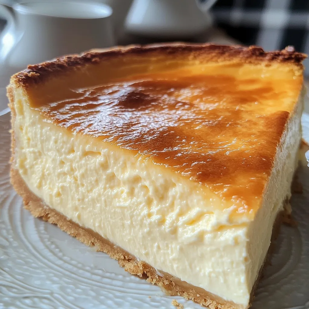 Rebanada de pay de queso casero sobre plato blanco, con textura cremosa