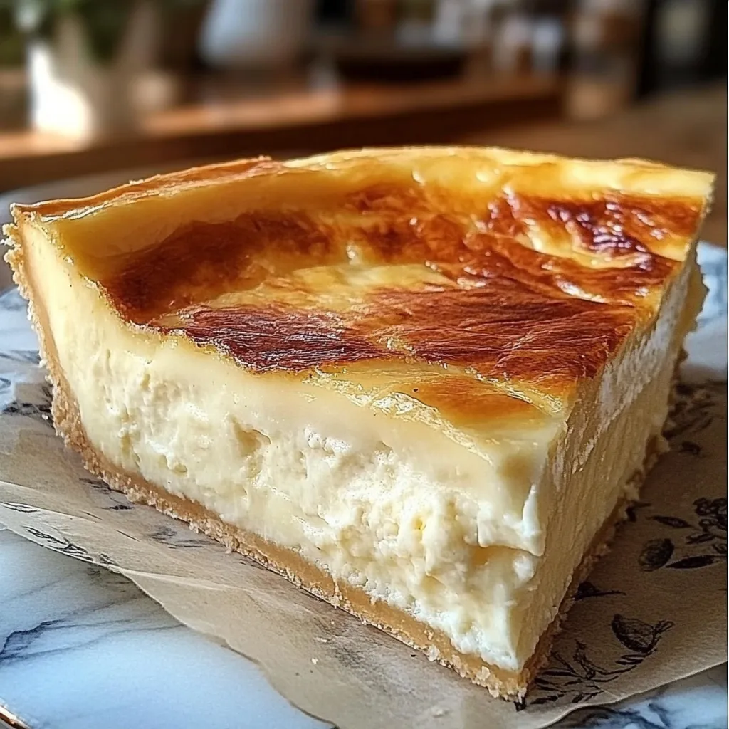 Rebanada de pay de queso casero sobre plato blanco, con textura cremosa