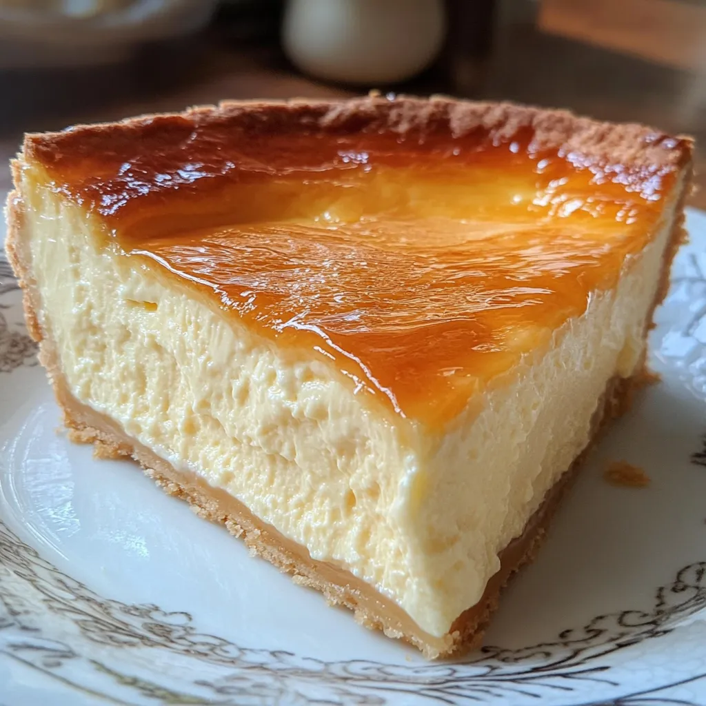 Rebanada de pay de queso casero sobre plato blanco, con textura cremosa