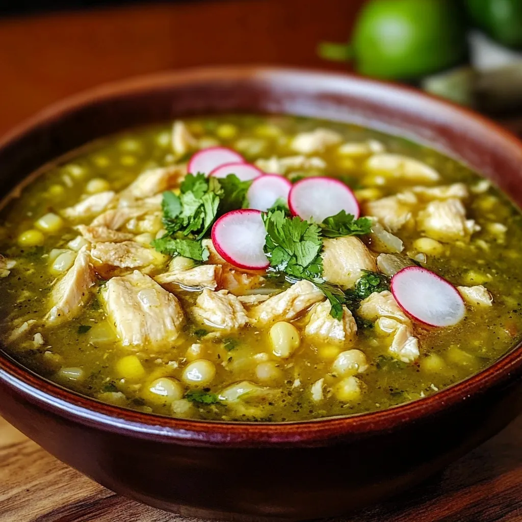 Tazón hondo de pozole verde de pollo con maíz, pollo desmenuzado, rábano, cebolla y lechuga fresca.